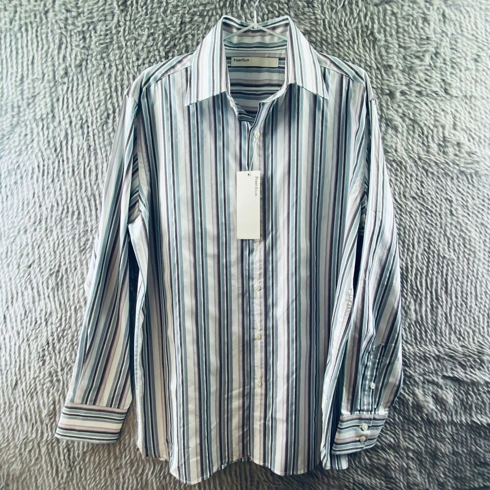 Perry Ellis Men's Dress Shirt Long Sleeve Portfolio Collection BlueBrownWhite M
